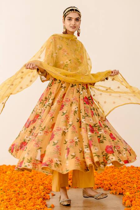 Gulabo Jaipur_Yellow Georgette Sequins, Embroidery V-neck Ruby Floral Print Anarkali Pant Set_Online_at_Aza_Fashions