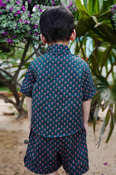 Shop Gulabo Jaipur Green Cotton Embroidery Kaju Block Print Shirt And Shorts Set at Aza Fashions Shop_Gulabo Jaipur_Green Cotton Embroidery Kaju Block Print Shirt And Shorts Set _at_Aza_Fashions