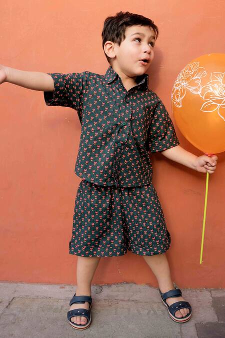 Gulabo Jaipur Green Cotton Embroidery Kaju Block Print Shirt And Shorts Set Online at Aza Fashions Gulabo Jaipur_Green Cotton Embroidery Kaju Block Print Shirt And Shorts Set _Online_at_Aza_Fashions