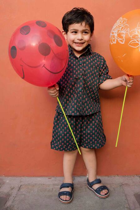 Shop Gulabo Jaipur Green Cotton Embroidery Kaju Block Print Shirt And Shorts Set Online at Aza Fashions Shop_Gulabo Jaipur_Green Cotton Embroidery Kaju Block Print Shirt And Shorts Set _Online_at_Aza_Fashions