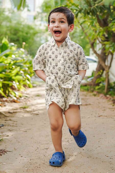 Gulabo Jaipur White Cotton Embroidery Kaju Printed Shirt And Shorts Set Online at Aza Fashions Gulabo Jaipur_White Cotton Embroidery Kaju Printed Shirt And Shorts Set_Online_at_Aza_Fashions