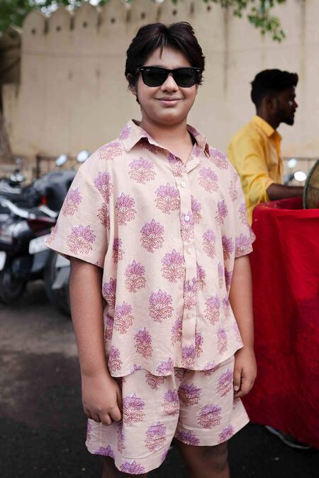 Gulabo Jaipur_Peach Cotton Embroidery Kaju Block Print Shirt And Shorts Set _Online_at_Aza_Fashions