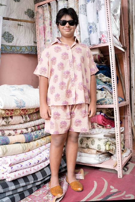 Buy_Gulabo Jaipur_Peach Cotton Embroidery Kaju Block Print Shirt And Shorts Set _Online_at_Aza_Fashions