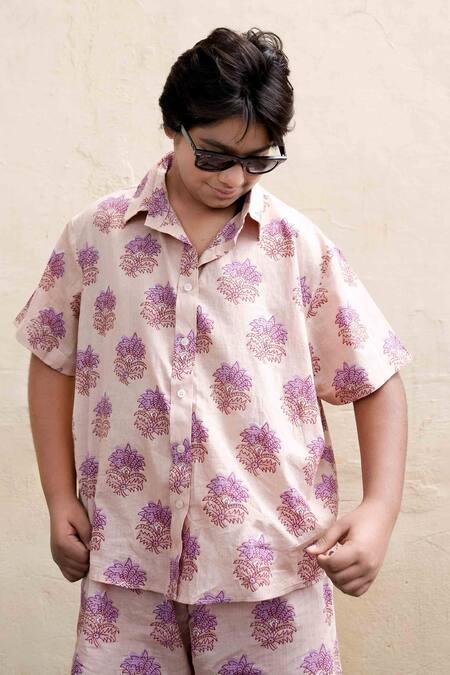 Shop_Gulabo Jaipur_Peach Cotton Embroidery Kaju Block Print Shirt And Shorts Set _Online_at_Aza_Fashions