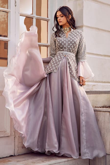 Shop_Amitabh Malhotra_Pink Chanderi And Italian Organza Embroidery Floral Trellis Tunic & Skirt Set _Online_at_Aza_Fashions