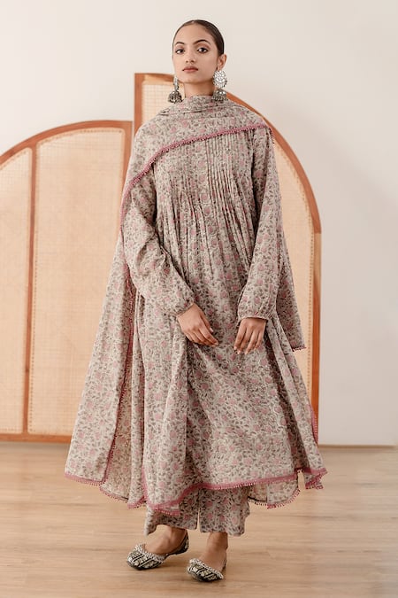 Gulabo Jaipur_Grey Cotton Embroidery, Lace Round Abaya Floral Block Print Anarkali Pant Set _at_Aza_Fashions