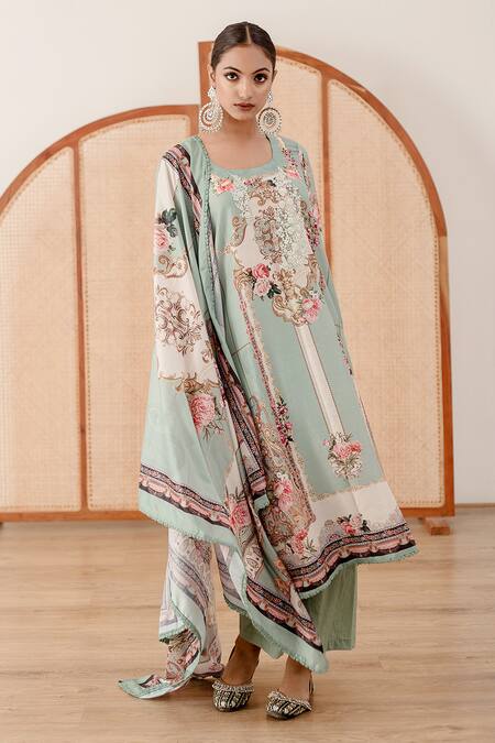 Shop_Gulabo Jaipur_Blue Muslin Lace, Embroidery Round Neck Floral Print Straight Kurta Set_Online_at_Aza_Fashions