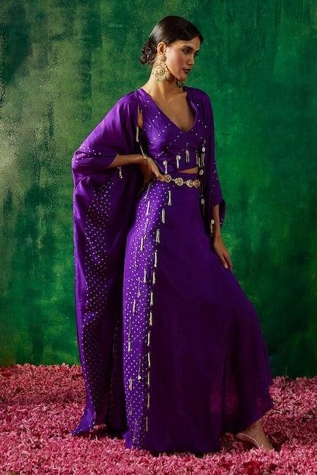 Buy Pink City By Sarika Purple Silk Embroidery V-neck Bandhani Pattern Cape Skirt Set Online at Aza Fashions Buy_Pink City By Sarika_Purple Silk Embroidery V-neck Bandhani Pattern Cape Skirt Set _Online_at_Aza_Fashions