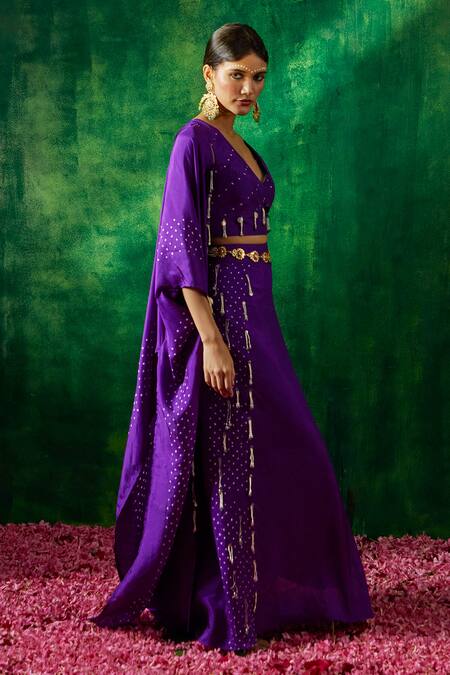 Shop Pink City By Sarika Purple Silk Embroidery V-neck Bandhani Pattern Cape Skirt Set Online at Aza Fashions Shop_Pink City By Sarika_Purple Silk Embroidery V-neck Bandhani Pattern Cape Skirt Set _Online_at_Aza_Fashions