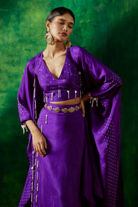 Pink City By Sarika Purple Silk Embroidery V-neck Bandhani Pattern Cape Skirt Set at Aza Fashions Pink City By Sarika_Purple Silk Embroidery V-neck Bandhani Pattern Cape Skirt Set _at_Aza_Fashions