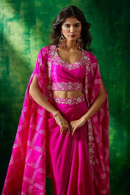 Buy Pink City By Sarika Pink Silk Embroidery Round Neck Bandhani Print Cape Draped Skirt Set Buy_Pink City By Sarika_Pink Silk Embroidery Round Neck Bandhani Print Cape Draped Skirt Set