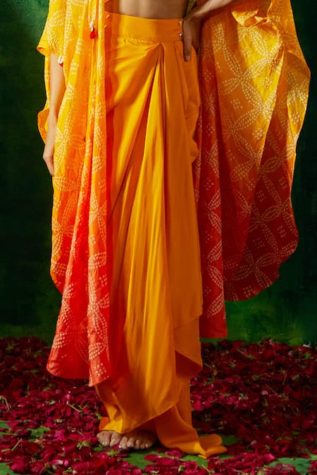 Pink City By Sarika_Yellow Silk Tassels, Embroidery Square Neck Bandhani Cape Draped Skirt Set _Online_at_Aza_Fashions