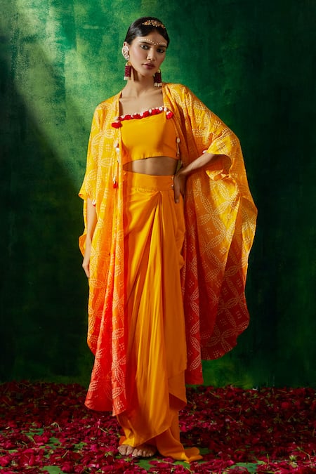 Buy_Pink City By Sarika_Yellow Silk Tassels, Embroidery Square Neck Bandhani Cape Draped Skirt Set _Online_at_Aza_Fashions