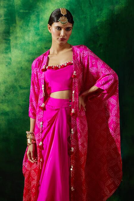 Buy_Pink City By Sarika_Pink Silk Tassels, Embroidery Square Neck Printed Cape Draped Skirt Set _Online_at_Aza_Fashions