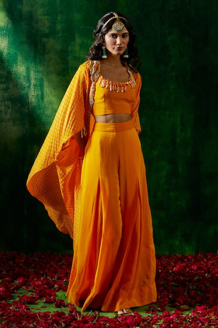 Pink City By Sarika_Yellow Silk Mirrors Round Neck Bandhani Print Cape Pant Set _Online_at_Aza_Fashions