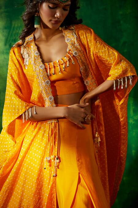 Shop_Pink City By Sarika_Yellow Silk Mirrors Round Neck Bandhani Print Cape Pant Set _Online_at_Aza_Fashions