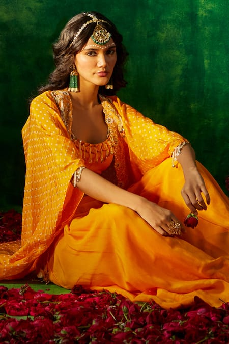 Pink City By Sarika_Yellow Silk Mirrors Round Neck Bandhani Print Cape Pant Set _at_Aza_Fashions