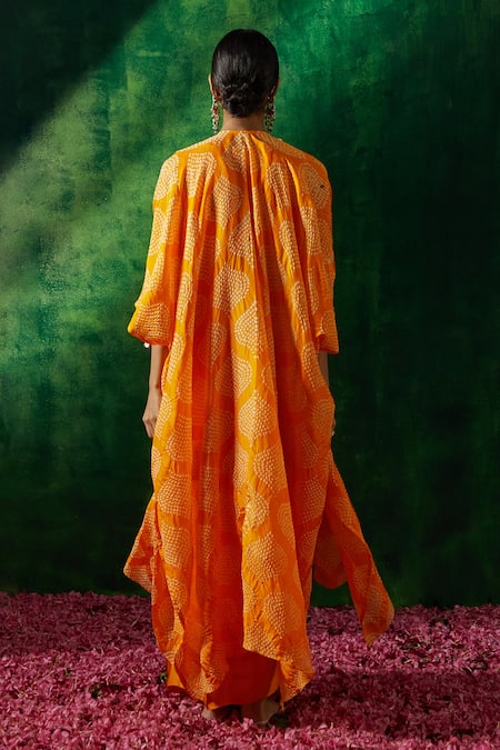 Pink City By Sarika_Yellow Chanderi, Silk Tassels V-neck Bandhani Print Cape Dhoti Skirt Set _Online_at_Aza_Fashions