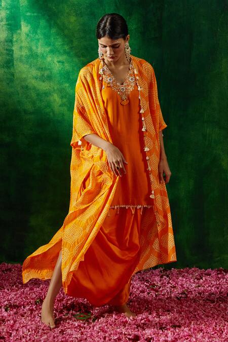 Buy_Pink City By Sarika_Yellow Chanderi, Silk Tassels V-neck Bandhani Print Cape Dhoti Skirt Set _Online_at_Aza_Fashions