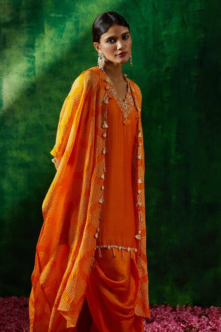 Shop_Pink City By Sarika_Yellow Chanderi, Silk Tassels V-neck Bandhani Print Cape Dhoti Skirt Set _Online_at_Aza_Fashions