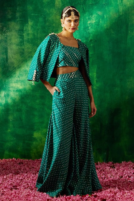 Pink City By Sarika Green Silk Studs Square Neck Bandhani Print Blazer Sharara Set Online at Aza Fashions Pink City By Sarika_Green Silk Studs Square Neck Bandhani Print Blazer Sharara Set _Online_at_Aza_Fashions