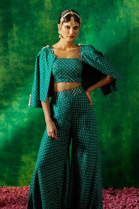 Buy Pink City By Sarika Green Silk Studs Square Neck Bandhani Print Blazer Sharara Set Online at Aza Fashions Buy_Pink City By Sarika_Green Silk Studs Square Neck Bandhani Print Blazer Sharara Set _Online_at_Aza_Fashions