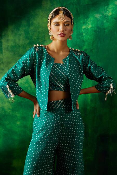 Shop Pink City By Sarika Green Silk Studs Square Neck Bandhani Print Blazer Sharara Set Online at Aza Fashions Shop_Pink City By Sarika_Green Silk Studs Square Neck Bandhani Print Blazer Sharara Set _Online_at_Aza_Fashions