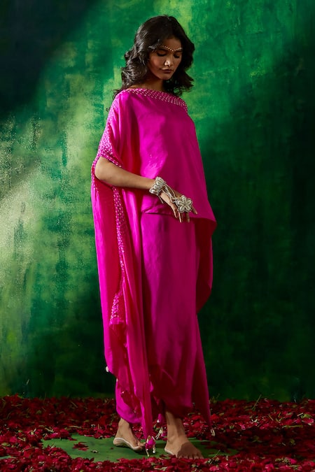 Pink City By Sarika Pink Silk Tassels Bandhani Print Asymmetric Cape And Skirt Set Online at Aza Fashions Pink City By Sarika_Pink Silk Tassels Bandhani Print Asymmetric Cape And Skirt Set _Online_at_Aza_Fashions