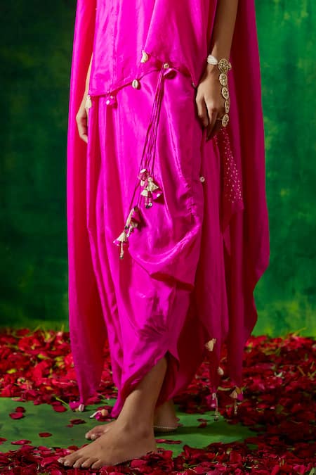 Pink City By Sarika Pink Silk Tassels Bandhani Print Asymmetric Cape And Skirt Set at Aza Fashions Pink City By Sarika_Pink Silk Tassels Bandhani Print Asymmetric Cape And Skirt Set _at_Aza_Fashions