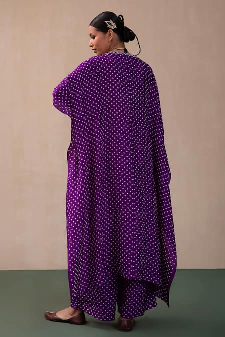 Shop Pink City By Sarika Purple Silk Round Neck Bandhani Print Kaftan And Pant Set at Aza Fashions Shop_Pink City By Sarika_Purple Silk Round Neck Bandhani Print Kaftan And Pant Set _at_Aza_Fashions