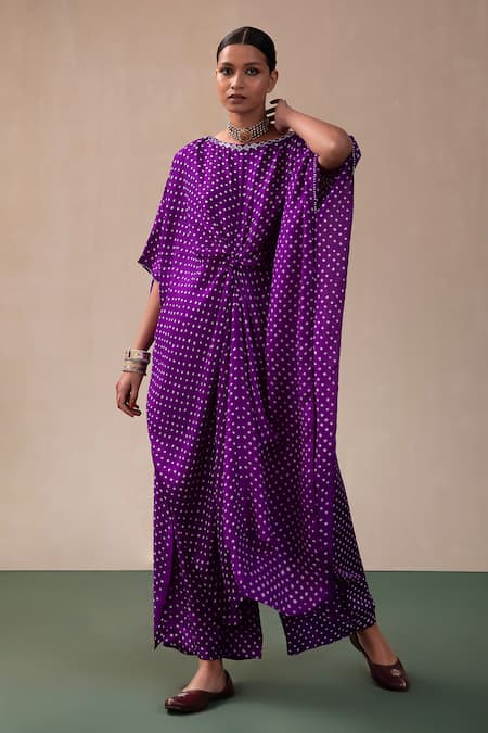 Pink City By Sarika Purple Silk Round Neck Bandhani Print Kaftan And Pant Set Online at Aza Fashions Pink City By Sarika_Purple Silk Round Neck Bandhani Print Kaftan And Pant Set _Online_at_Aza_Fashions