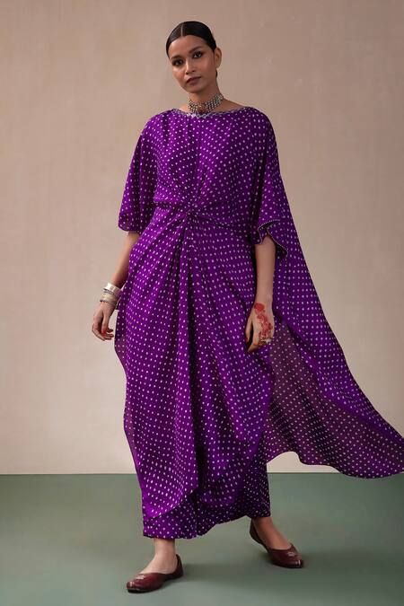 Shop Pink City By Sarika Purple Silk Round Neck Bandhani Print Kaftan And Pant Set Online at Aza Fashions Shop_Pink City By Sarika_Purple Silk Round Neck Bandhani Print Kaftan And Pant Set _Online_at_Aza_Fashions