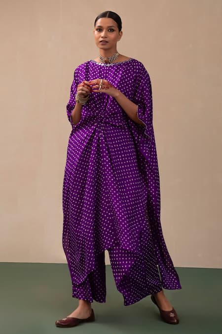 Pink City By Sarika Purple Silk Round Neck Bandhani Print Kaftan And Pant Set at Aza Fashions Pink City By Sarika_Purple Silk Round Neck Bandhani Print Kaftan And Pant Set _at_Aza_Fashions