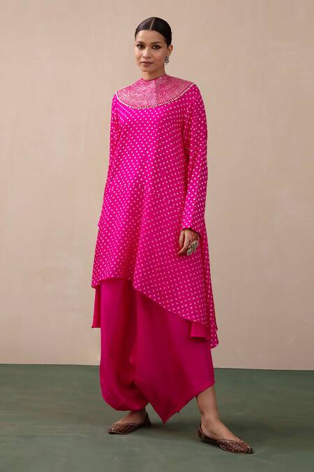 Pink City by Sarika_Pink Silk Pearls, Mirrors High Neck Bandhani Print Kurta And Dhoti Pant Set _Online_at_Aza_Fashions