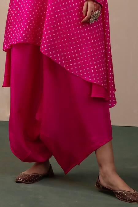 Buy_Pink City by Sarika_Pink Silk Pearls, Mirrors High Neck Bandhani Print Kurta And Dhoti Pant Set _Online_at_Aza_Fashions