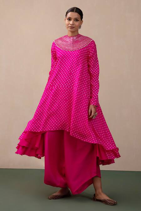 Shop_Pink City by Sarika_Pink Silk Pearls, Mirrors High Neck Bandhani Print Kurta And Dhoti Pant Set _Online_at_Aza_Fashions