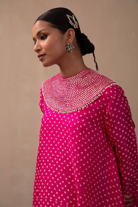Pink City by Sarika_Pink Silk Pearls, Mirrors High Neck Bandhani Print Kurta And Dhoti Pant Set _at_Aza_Fashions