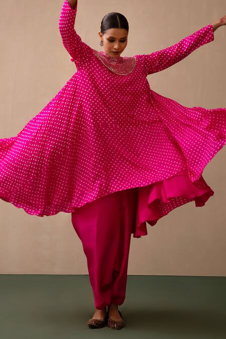 Buy_Pink City by Sarika_Pink Silk Pearls, Mirrors High Neck Bandhani Print Kurta And Dhoti Pant Set 