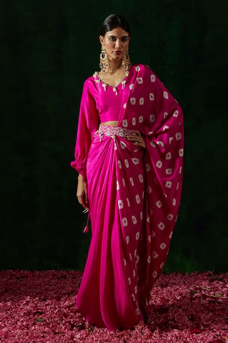 Pink City by Sarika Shibori Print Pre-Draped Saree Set 