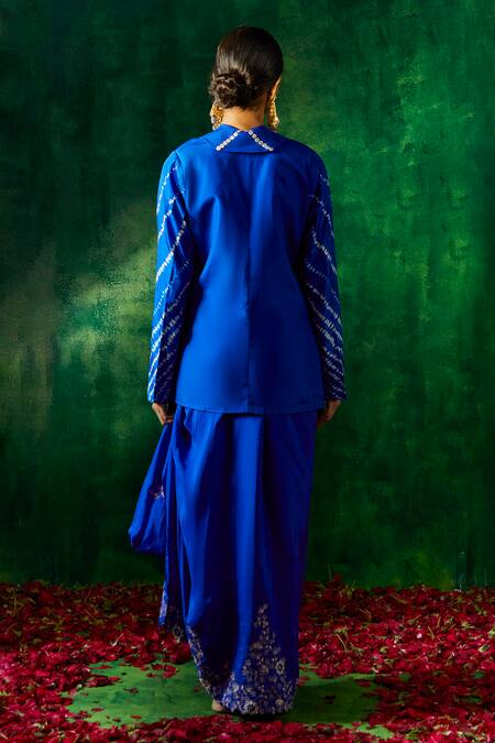 Shop Pink City By Sarika Blue Silk Pearls, Mirrors, Embroidery Tie-dye Print Blazer And Draped Skirt Set at Aza Fashions Shop_Pink City By Sarika_Blue Silk Pearls, Mirrors, Embroidery Tie-dye Print Blazer And Draped Skirt Set _at_Aza_Fashions