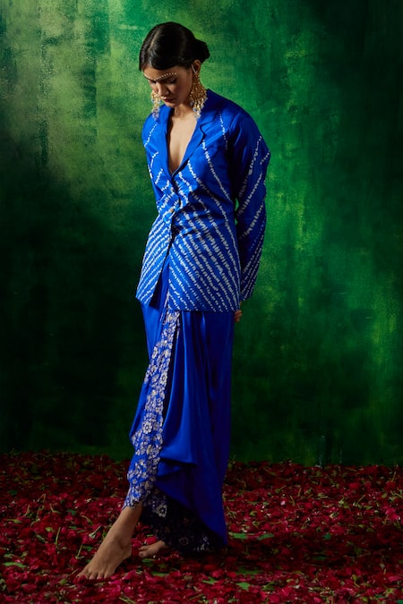 Buy Pink City By Sarika Blue Silk Pearls, Mirrors, Embroidery Tie-dye Print Blazer And Draped Skirt Set Online at Aza Fashions Buy_Pink City By Sarika_Blue Silk Pearls, Mirrors, Embroidery Tie-dye Print Blazer And Draped Skirt Set _Online_at_Aza_Fashions