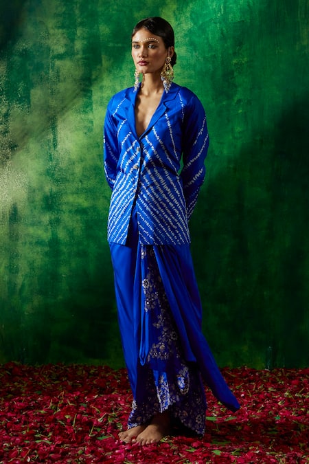 Shop Pink City By Sarika Blue Silk Pearls, Mirrors, Embroidery Tie-dye Print Blazer And Draped Skirt Set Online at Aza Fashions Shop_Pink City By Sarika_Blue Silk Pearls, Mirrors, Embroidery Tie-dye Print Blazer And Draped Skirt Set _Online_at_Aza_Fashions