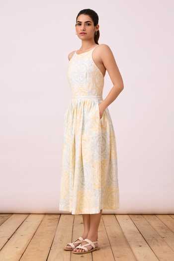 The Summer House_Off White Cotton Embroidery Round Neck Josephine Block Print Dress_Online_at_Aza_Fashions