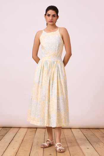 Buy_The Summer House_Off White Cotton Embroidery Round Neck Josephine Block Print Dress_Online_at_Aza_Fashions