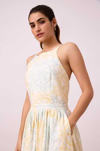 Shop_The Summer House_Off White Cotton Embroidery Round Neck Josephine Block Print Dress_Online_at_Aza_Fashions