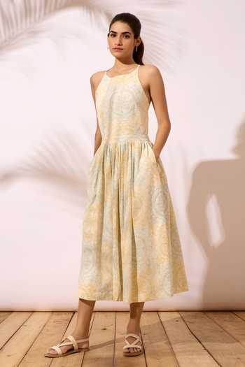 The Summer House_Off White Cotton Embroidery Round Neck Josephine Block Print Dress_at_Aza_Fashions