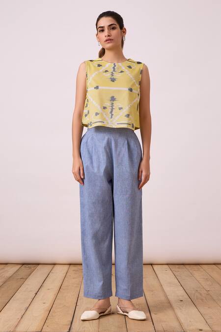 The Summer House_Yellow Handloom Cotton Round Neck Polam Handwoven Ikat Pattern Top_Online_at_Aza_Fashions