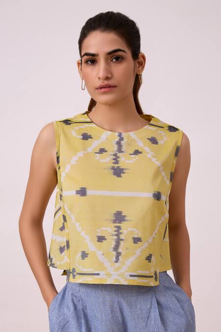 Buy_The Summer House_Yellow Handloom Cotton Round Neck Polam Handwoven Ikat Pattern Top_Online_at_Aza_Fashions