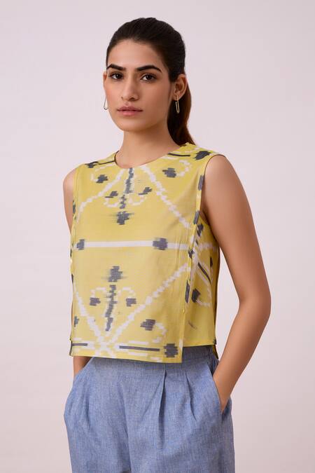 Shop_The Summer House_Yellow Handloom Cotton Round Neck Polam Handwoven Ikat Pattern Top_Online_at_Aza_Fashions