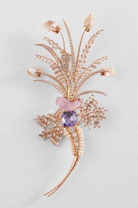 Shop Outhouse Gold Plated Crystals, Pearls, Stones Le Sunset Palm Embellished Brooch at Aza Fashions Shop_Outhouse_Gold Plated Crystals, Pearls, Stones Le Sunset Palm Embellished Brooch _at_Aza_Fashions